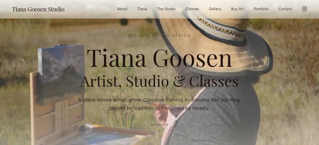 Tiana Goosen Studio hero section with plein-air painting backdrop