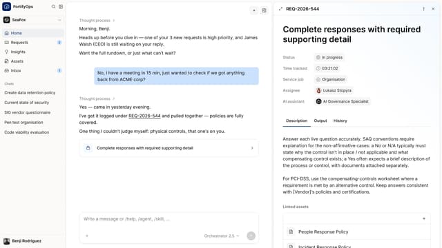 FortifyOps Agent chat with linked request details