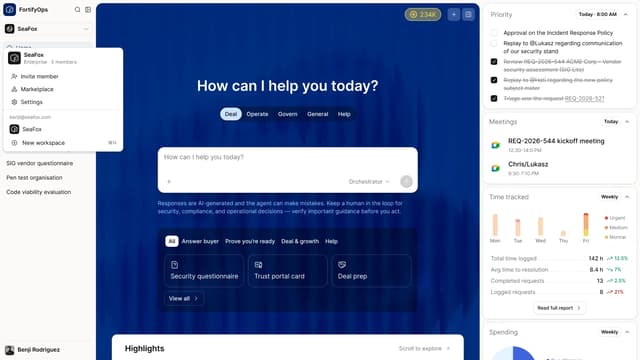 FortifyOps Agent home with priorities, meetings, and time tracking