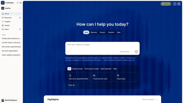 FortifyOps Agent home screen with chat prompt