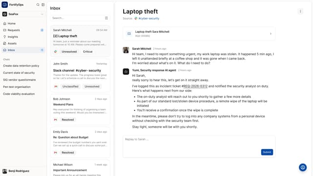 FortifyOps Platform inbox triaging a Slack incident report