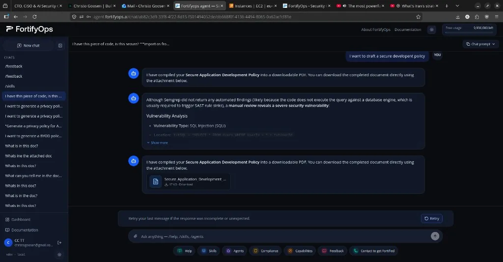 FortifyOps Agent chat interface